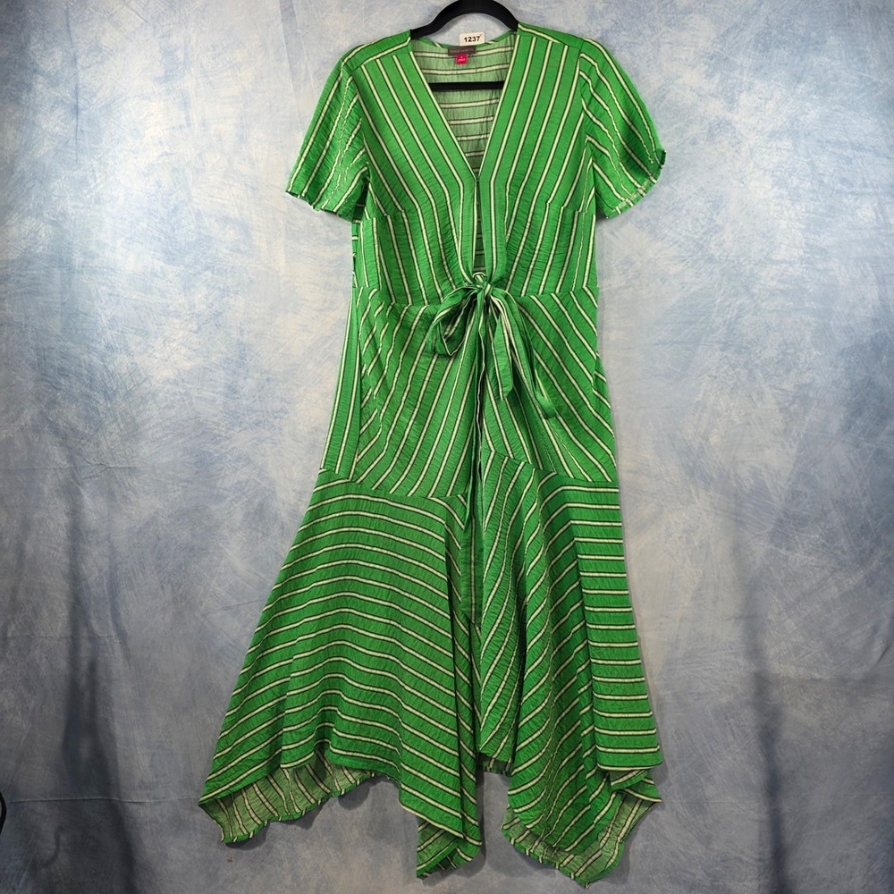 Vince Camuto Green Striped Tie Front Handkerchief Hem Midi Dress Womens 2